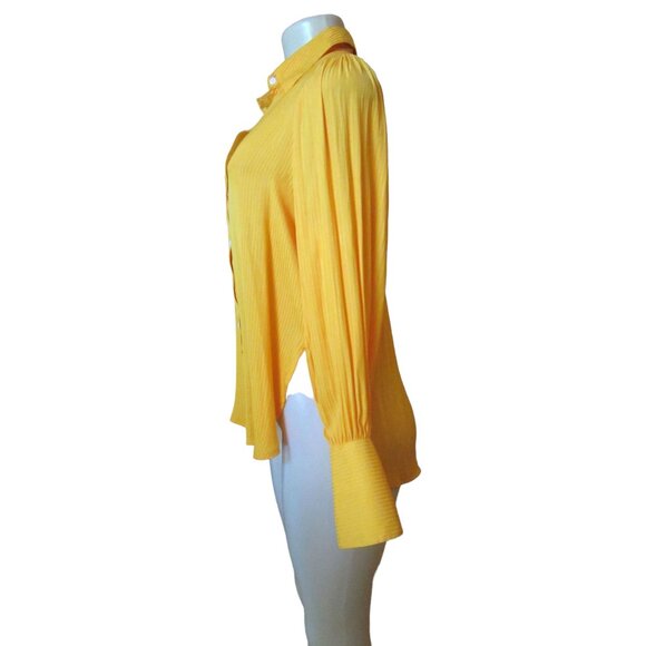 Free People Serena Silky Gold Yellow Button Down Stripe Shirt in Size XS - Picture 4 of 6